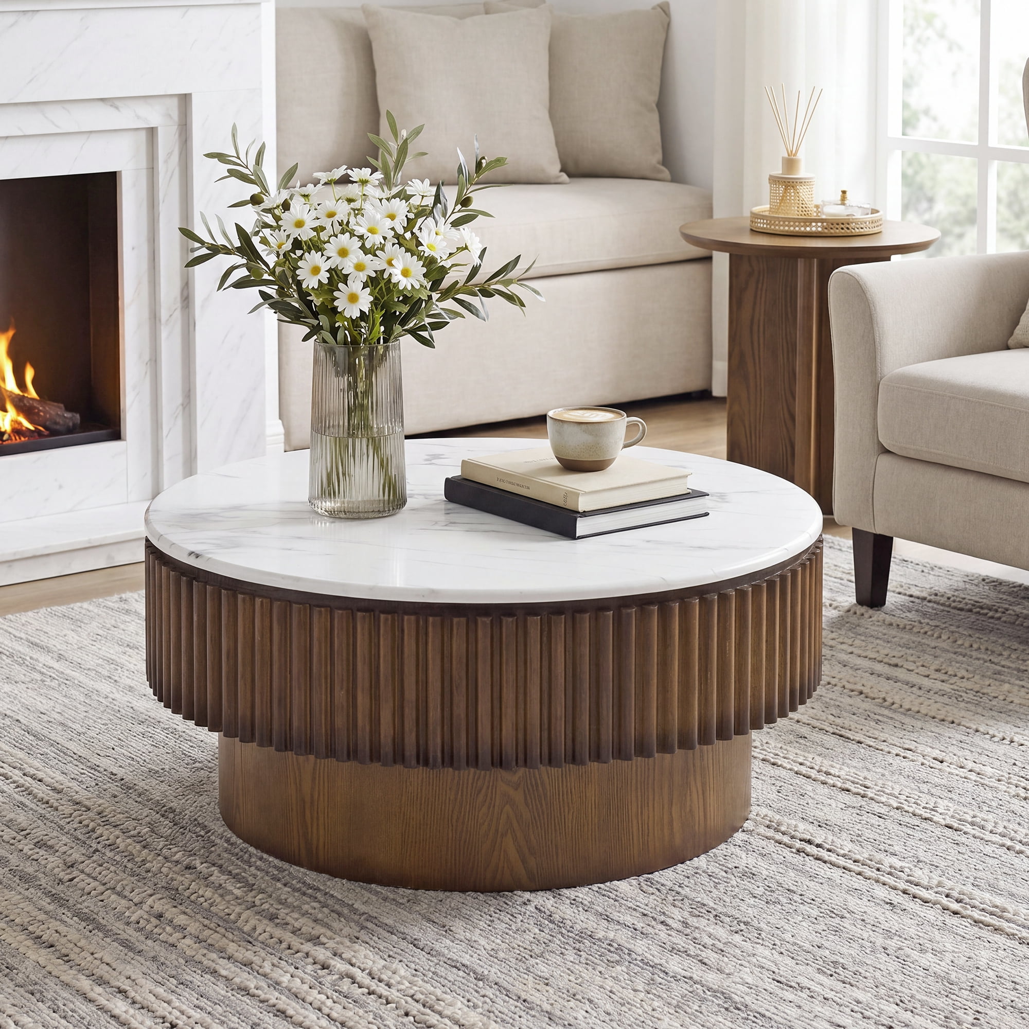Modern Small Round Low Table Creamy White Coffee Table for Indoor
