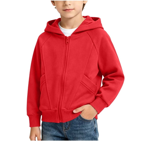 Cethrio Boys Cotton Jackets, Lightweight Zip up Long Sleeve Casual Kids Fall Hoodies with Pockets Red Size 7-8 T