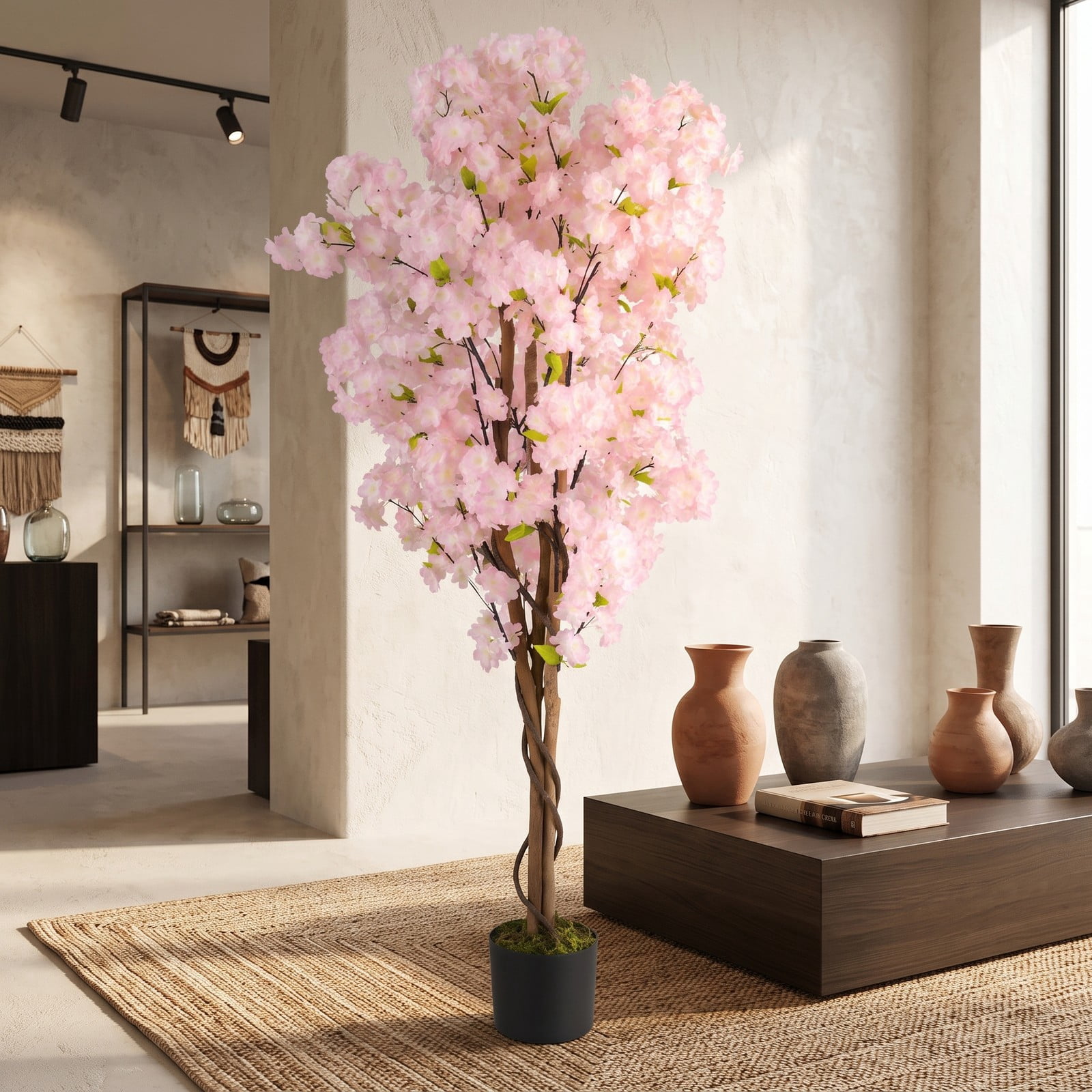ALPULON 5 FT Artificial Cherry Blossom Tree with Pink Flowers, Faux Silk Blossom Tree with Cement-Filled Pot and Adjustable Wired Branches for Home Office, Pink