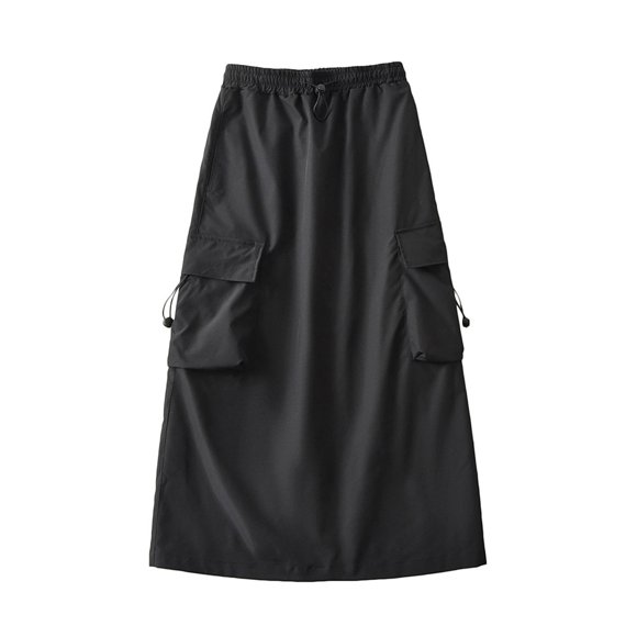 FAIWAD Women Cargo Skirt Elastic Waist Drawstring Maxi Skirt Ruched Vintage A-Line Cargo Skirt with Pockets