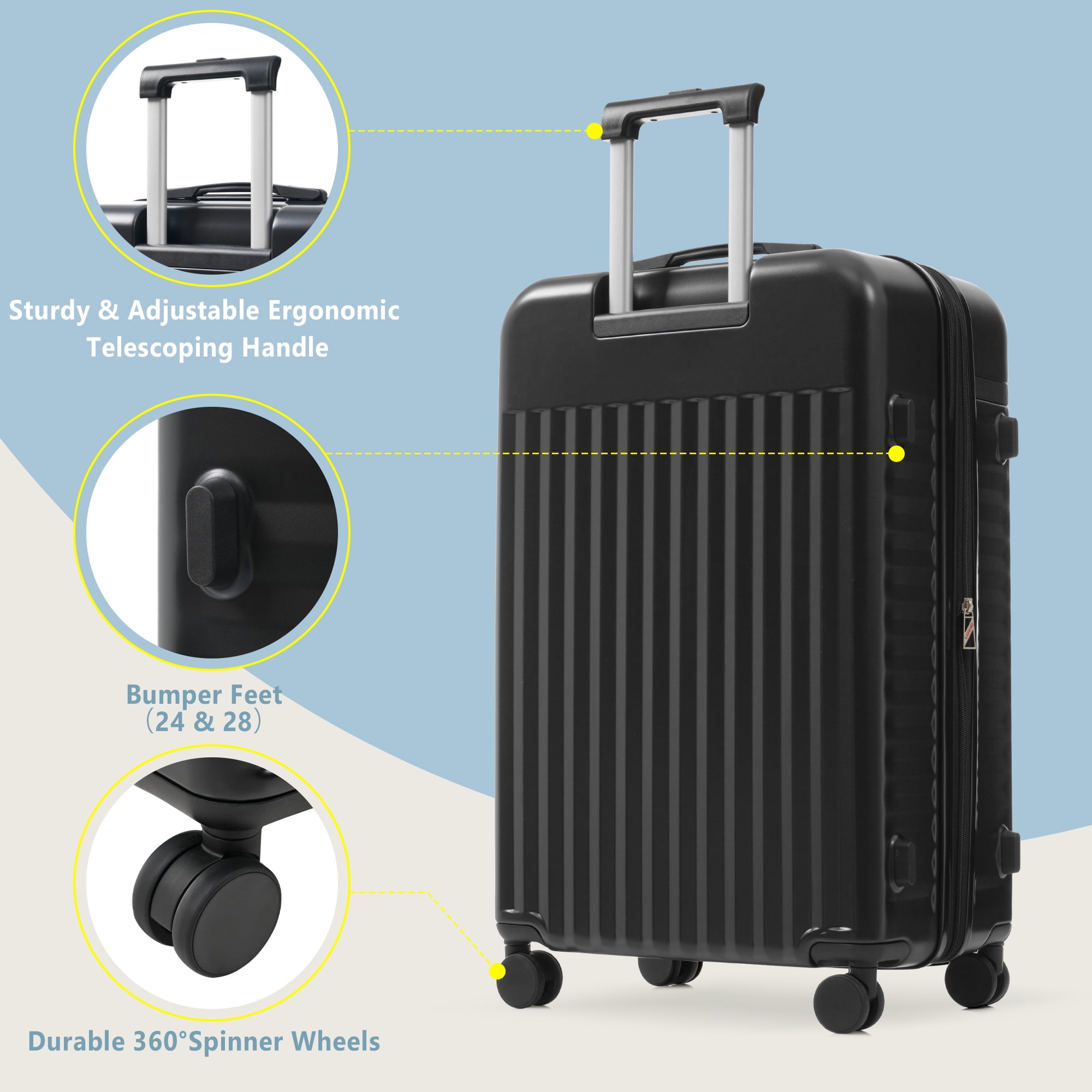 MAYEERTY 5-Piece Expandable Luggage Set (20"+24"+28"+Duffel+Toiletry Bag), ABS Hardside with TSA Lock & Spinner Wheels, Black