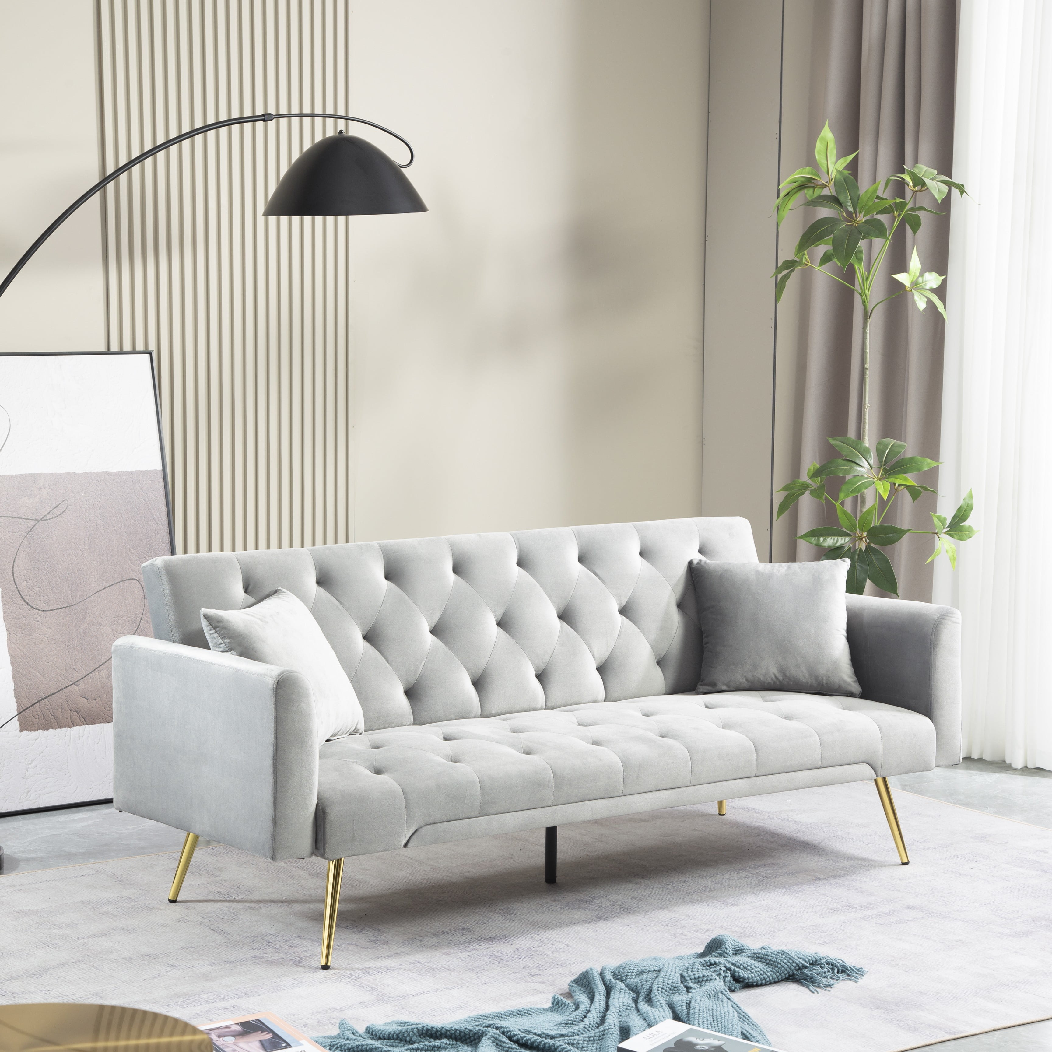 71 Inches Velvet Futon Sofa Bed with 2 Pillows,Modern Convertible Futon Couch with 3 Adjustable Backrest Angles and Gold Metal Feet,Suitable for Apartment,Living Room,Small Space,Gray