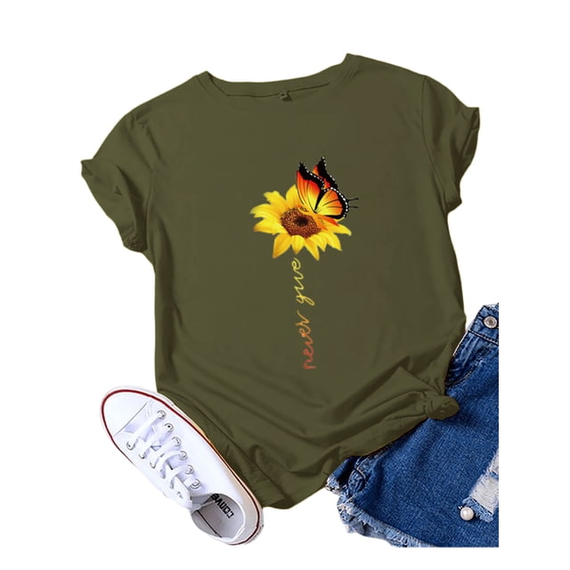 Innerwin T-Shirt Papillon Imprimé Lettres pour Femmes Manches Courtes Basique Vert Armée G