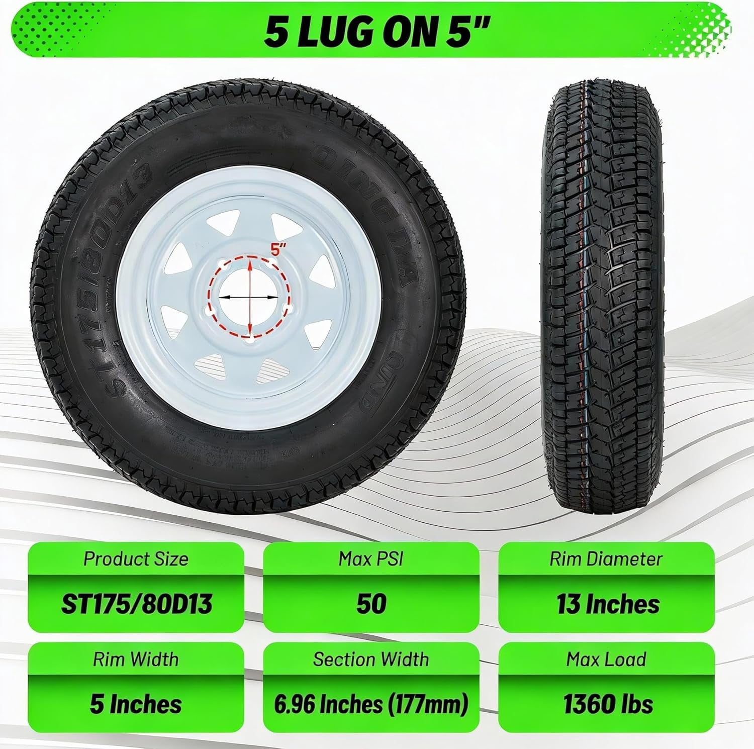 2 Pack ST175/80D13 Trailer Tire and Wheel 5 Lug on 4.5 In Load Range C 1360 lbs Capacity 13 In Rim