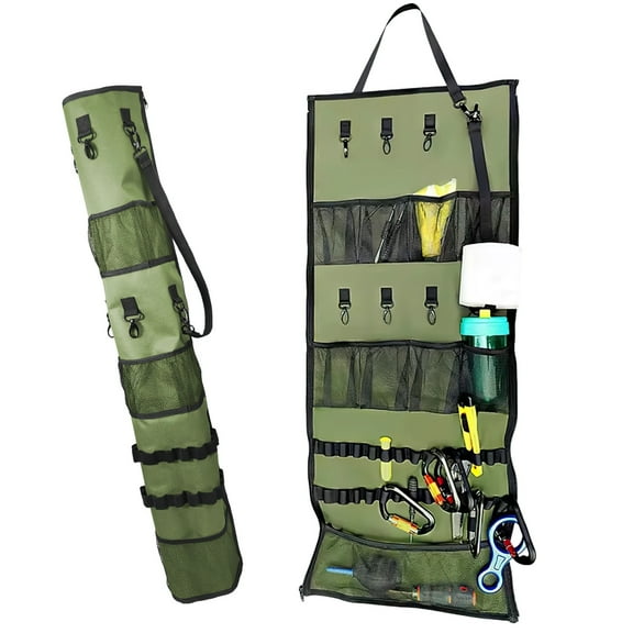 Outdoor Camping Gear Hanging Organizer, Canvas Tent Accessories for Inside, Multi-Pocket Camp Bunk Organizer, Portable Storage for Tools and Essentials, Green