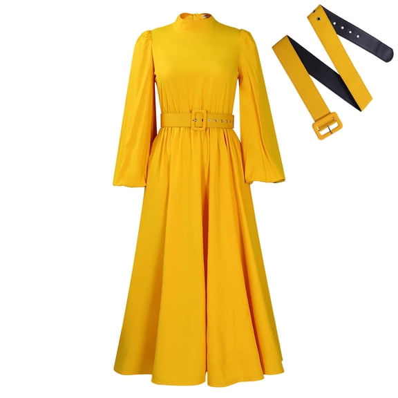 AURA Plus Size Women Winter Half High Collar Long Sleeve Waist Belt Swing Midi Dress Elegant Slim Fit Gown