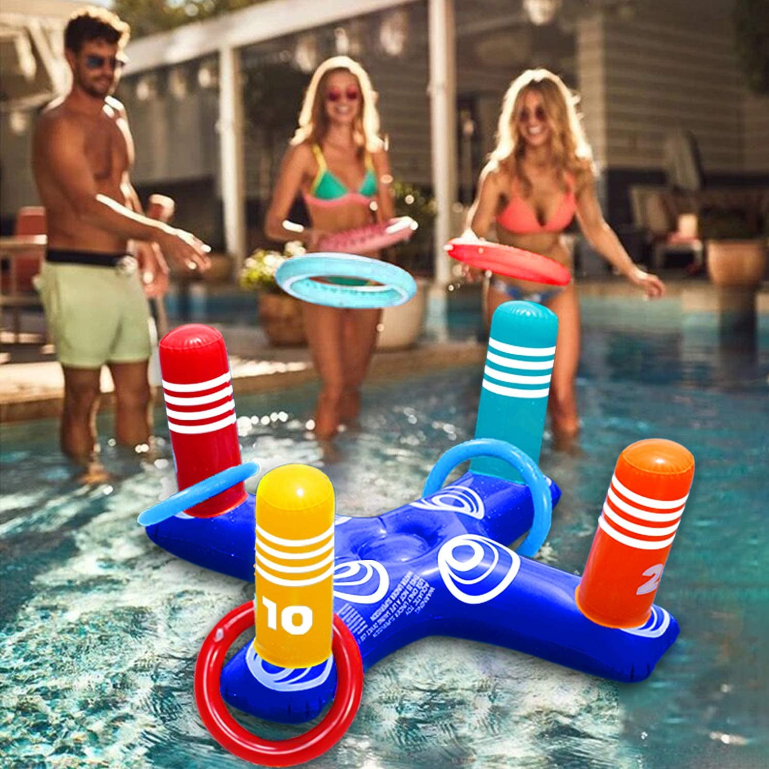 Inflatable Pool Ring Toss Pool Game Toys Floating Swimming Pool Ring with 4 Pcs 