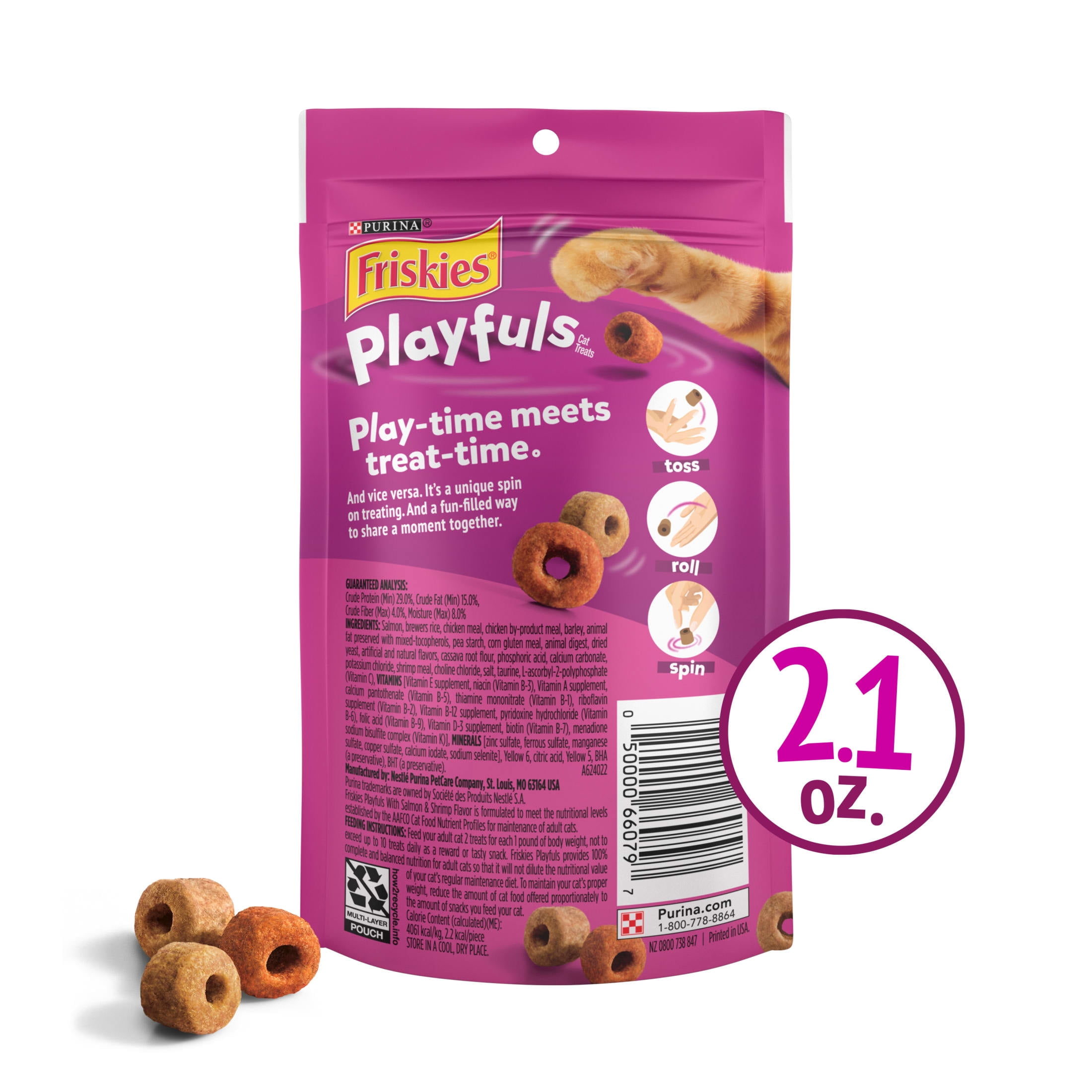 (4 pack) Purina Friskies Playfuls Cat Treats, Salmon & Shrimp, 2.1 oz Bag