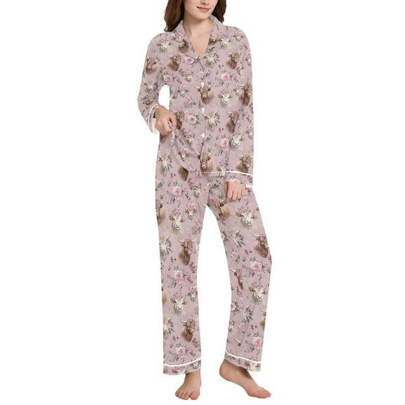 joogoo Pajamas Set for Women Highland Cattle Roses Long Sleeve Pjs Loungewear L