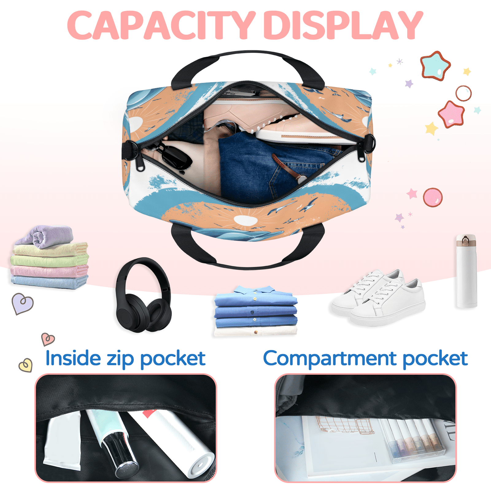 Herdesigns Dolphin Travel Duffle Bag Sports Yoga Weekender Overnight Carry on Workout Bags Lightweight Waterproof Gym Tote Bag for Women Sea Animals Blue Ocean