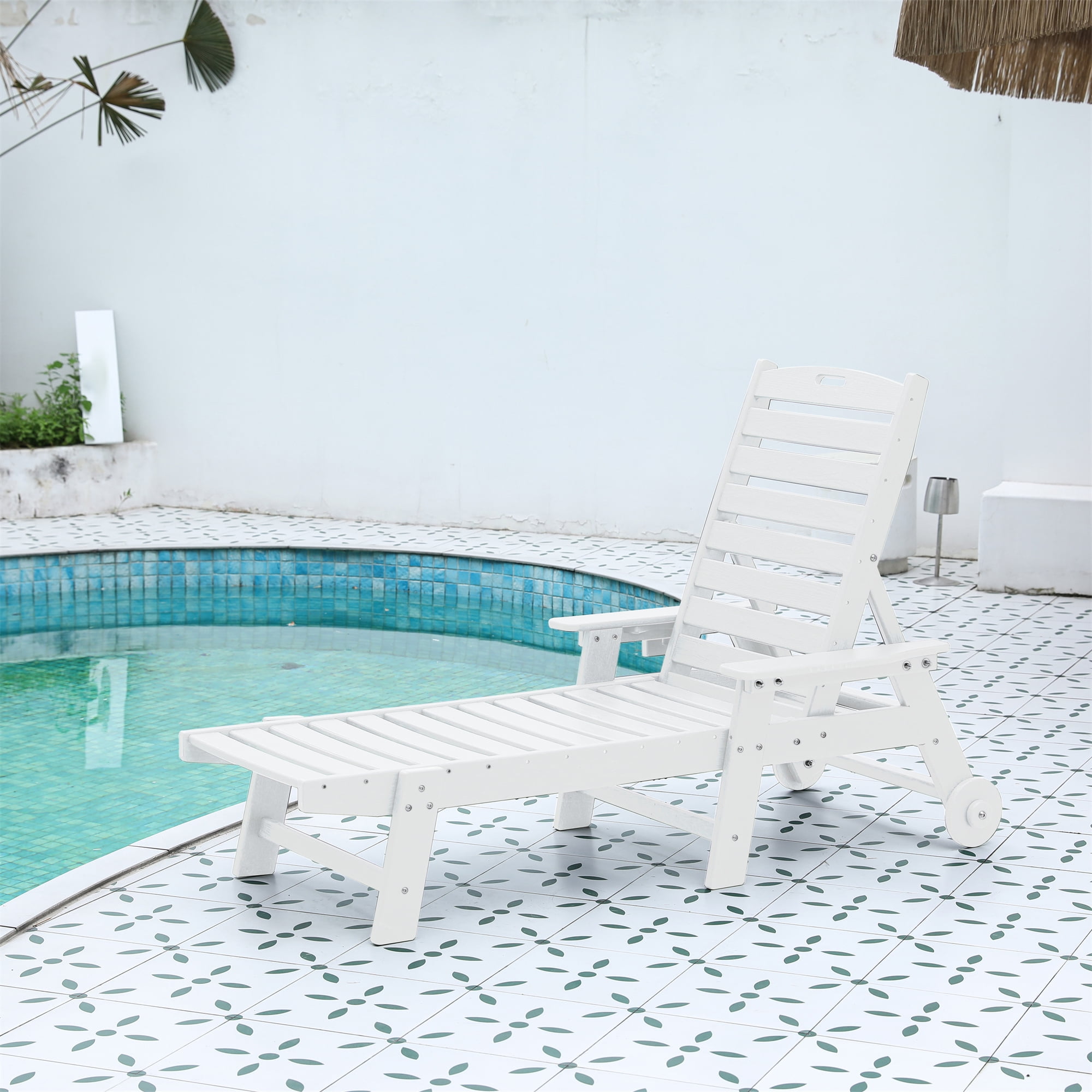 Aukfa 75" HDPE Outdoor Patio Chaise Lounge Chair with Cup Holder&Wheels, Adjustable Backrest, White