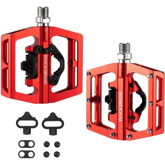 ROCKBROS Bike Pedals ROCKBROS MTB Mountain Bike Pedals Compatible with SPD Dual Function Sealed Clipless Aluminum Bicycle Flat Platform 9/16" with Cleats for Road Mountain Bikes