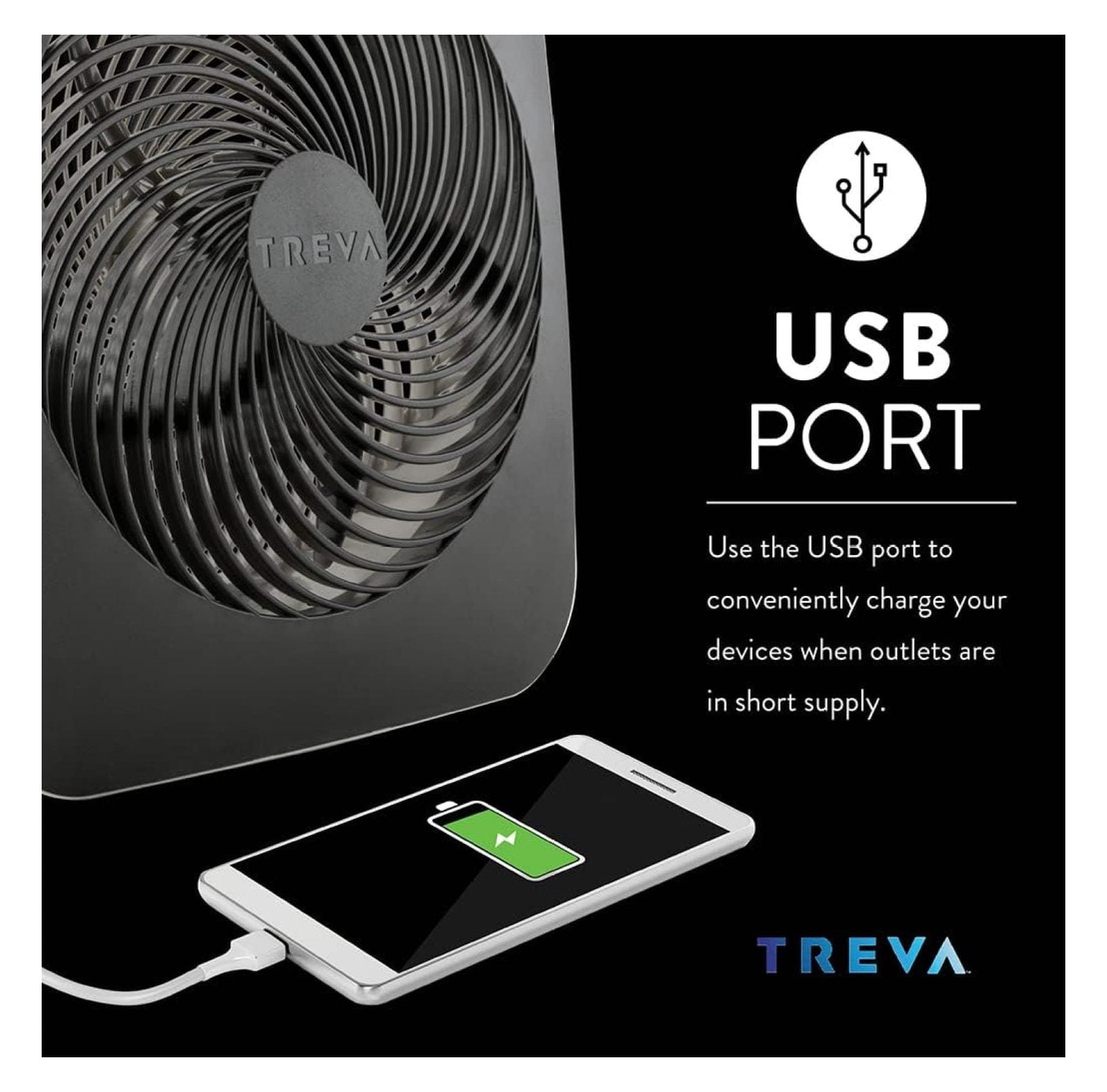 Treva 10-Inch Portable Desk Battery Fan, Powered by Battery and/or Adapter - Air Circulating with 2 Cooling Speeds, With Built In USB Charging Port