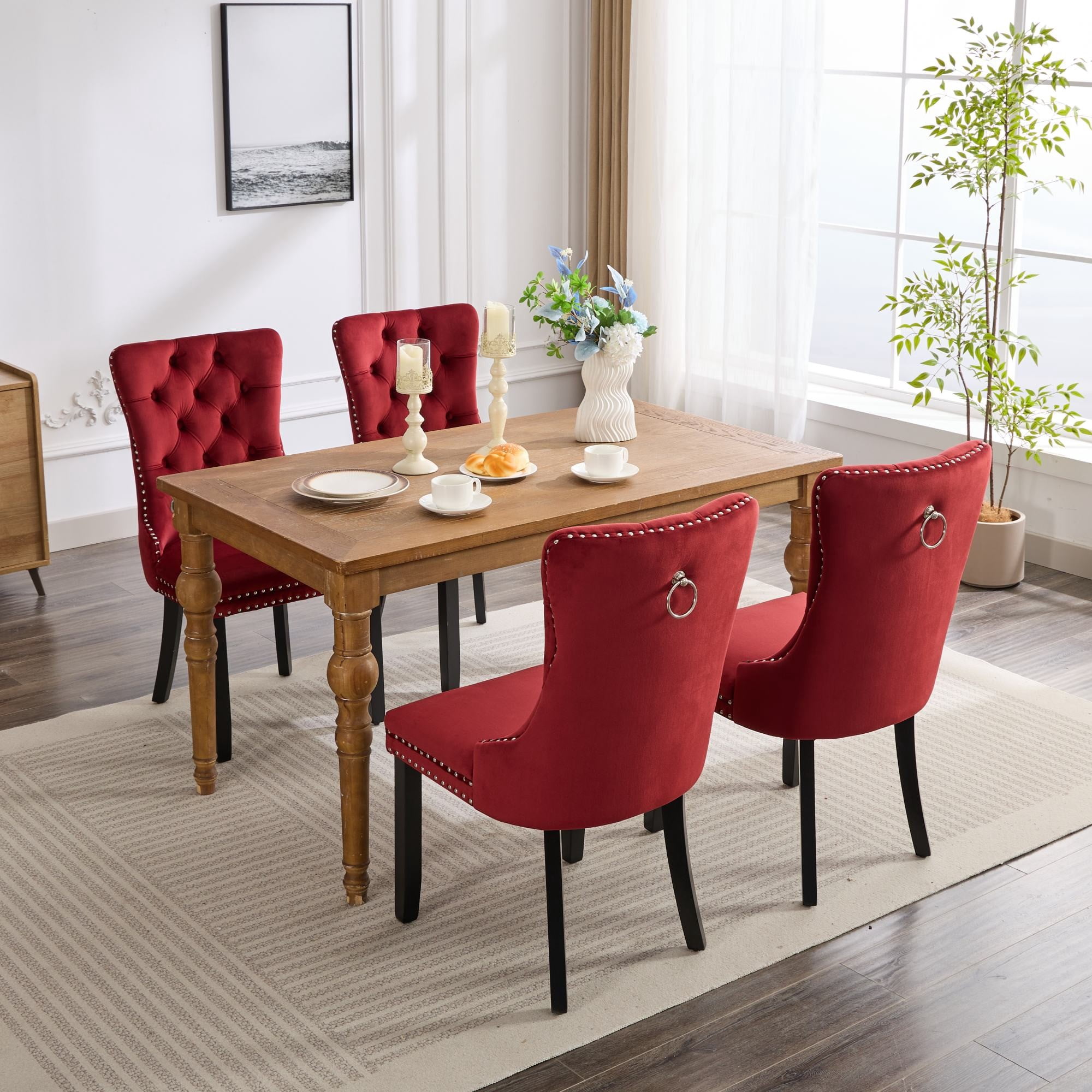 Gewnee Set of 2 Modern Velvet Tufted Upholstered High End Dining Chairs with Wood Legs & Nailhead Trim for Dining Room Kitchen, Burgundy