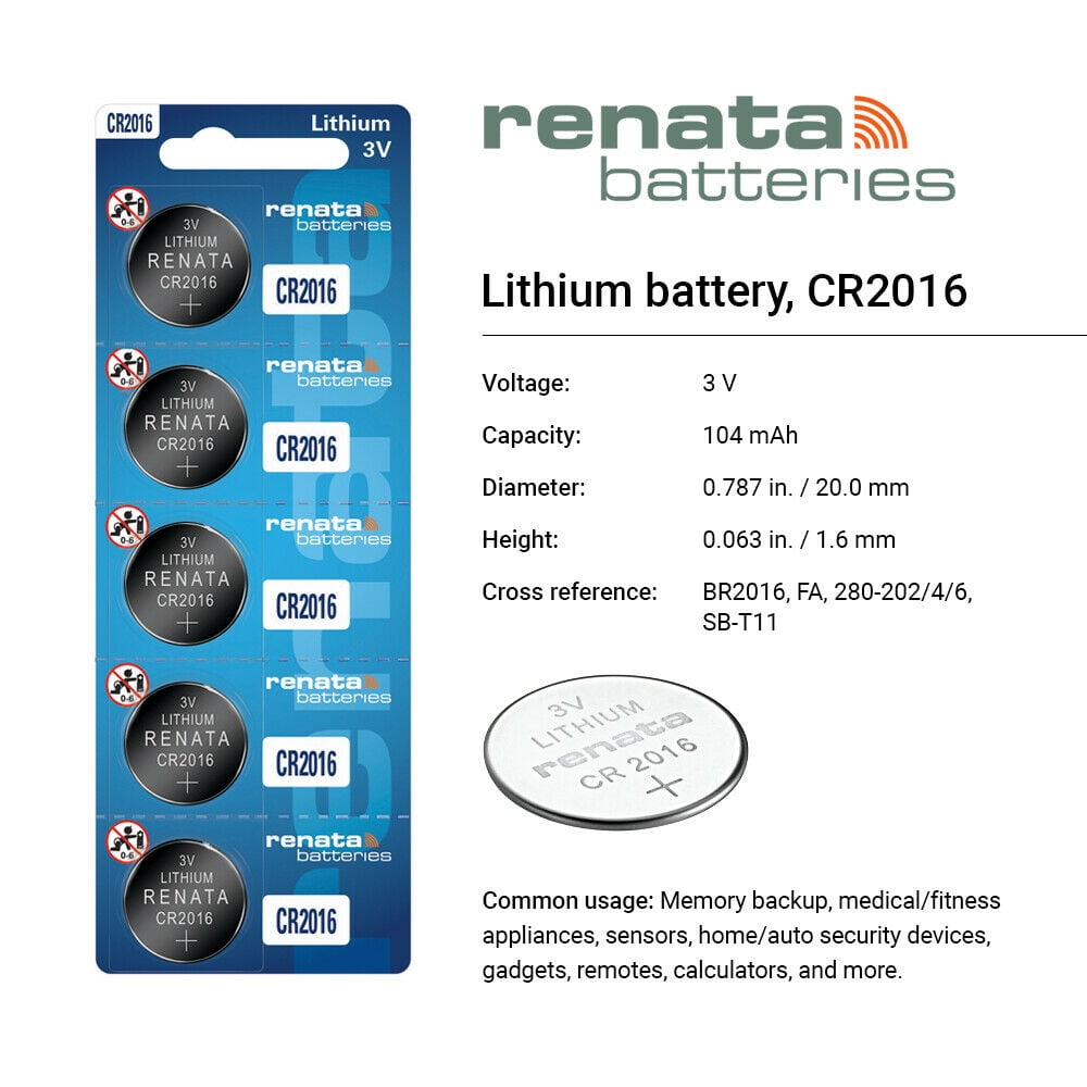 3 piles Renata CR2016, pile au lithium 2016