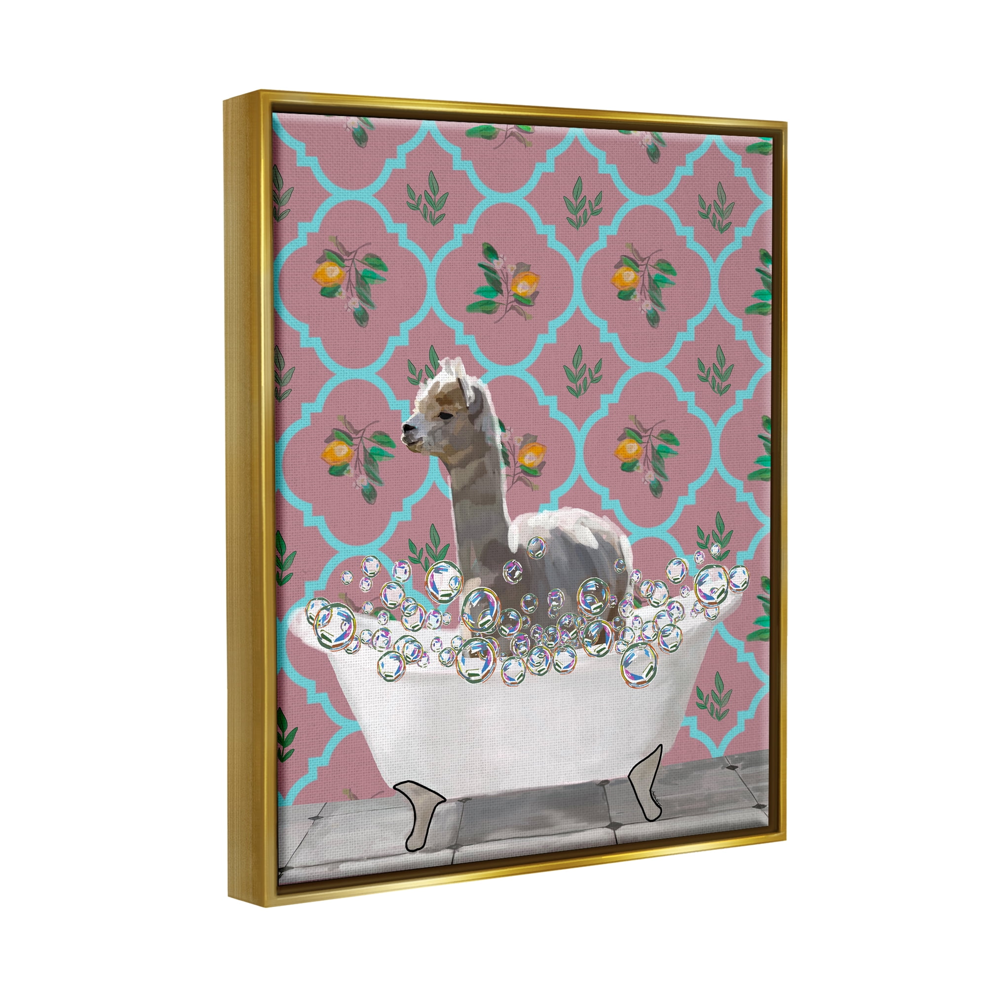 Stupell Industries Bathing Llama in Bathroom Animals & Insects Painting Gold Floater Framed Art Print Wall Art, 17 x 21