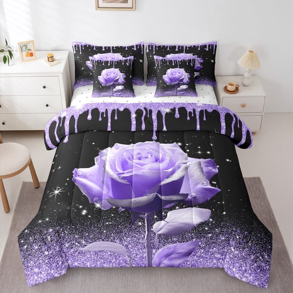jejeloiu Flower Rose Twin Bedding Sets 7-Piece,Glitter Print Bedding Comforter Set,Purple Black Sheet Sets For Girls,Lightweight Room Decorative