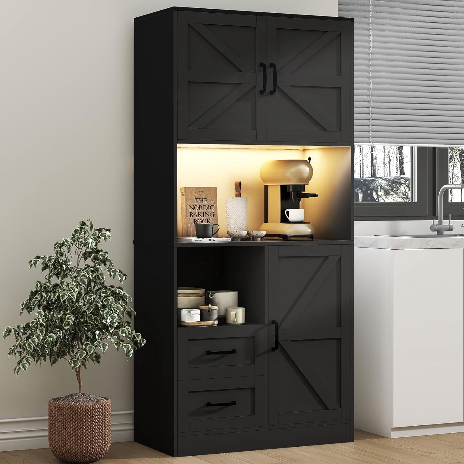 HAUXITIO 68-Inch Pantry Cabinet with LED Lights & Power Outlet,Kitchen Storage Organizer with Countertop,3 Doors,2 Drawers & Adjustable Shelves,Grey