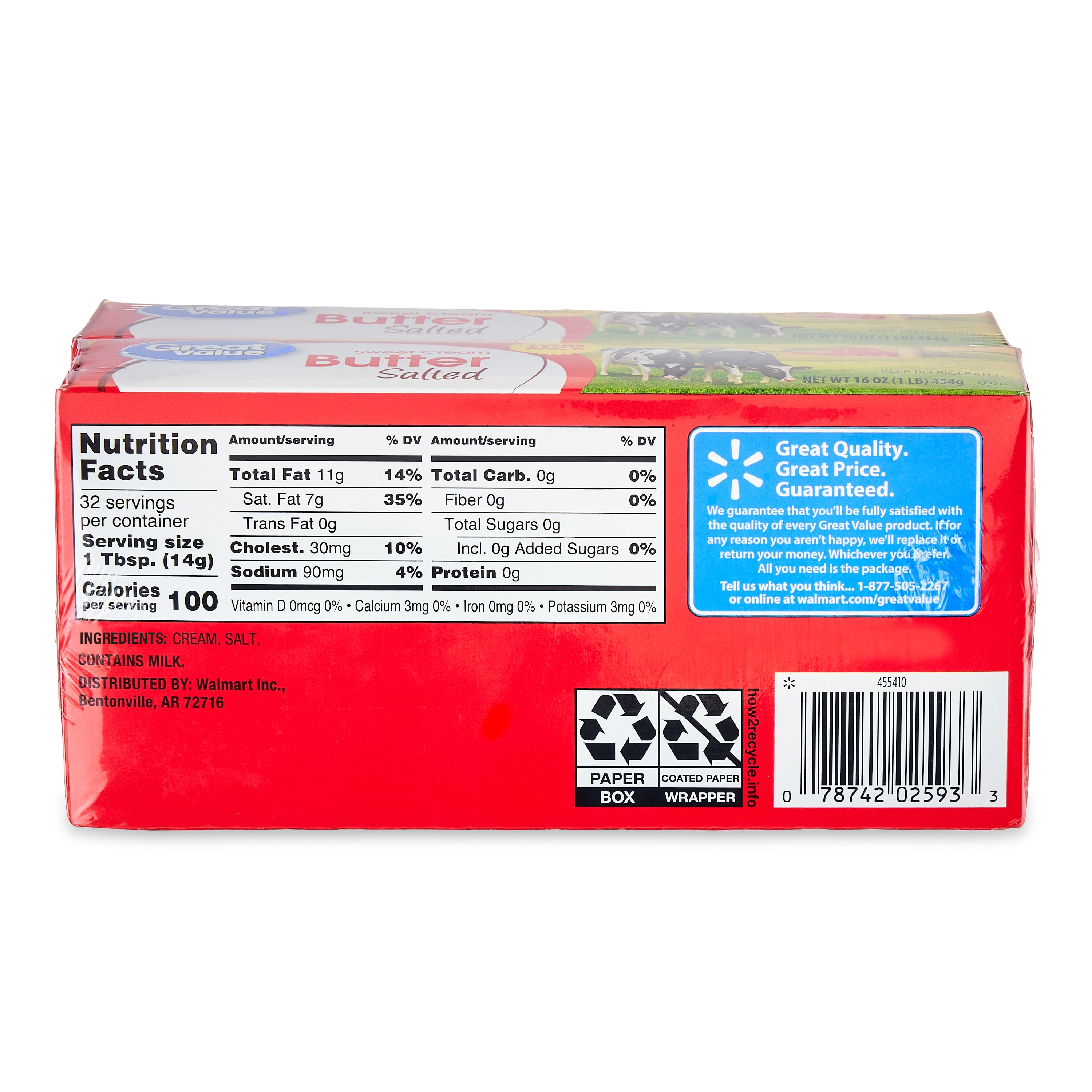 Great Value Sweet Cream Salted Butter Twin Pack, 16 oz, 4 Sticks