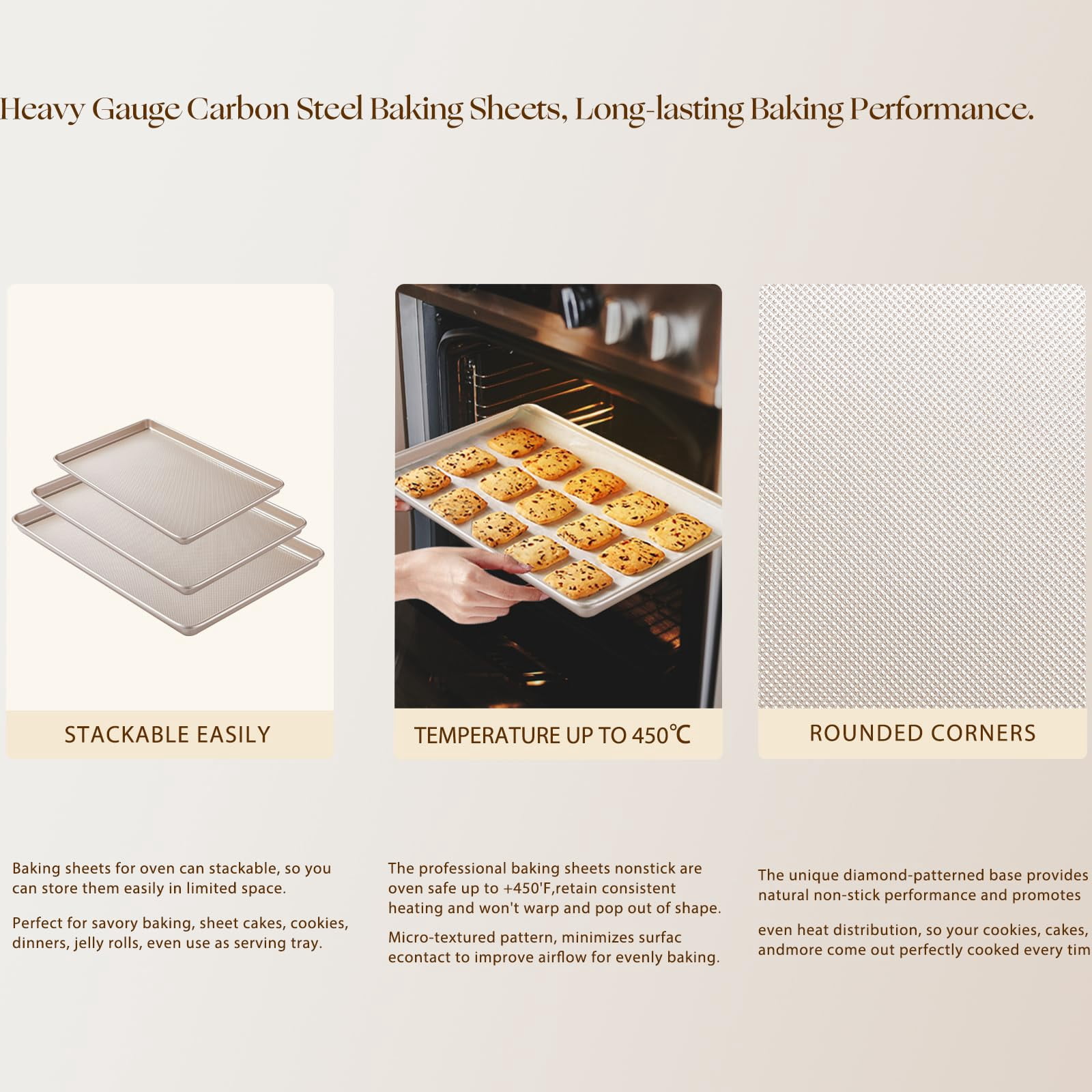 Baking Sheet Set of 3 Nonstick Carbon Steel Cookie Sheets for Oven