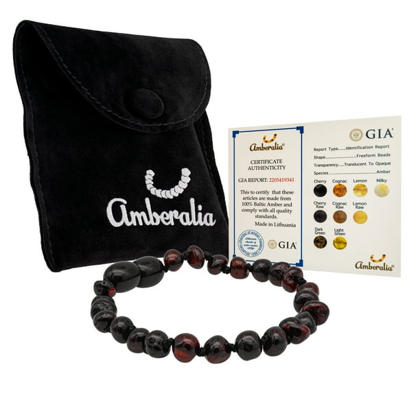 Amberalia, Pulsera de Ámbar Báltico de 16 cm para Adultos, con Broche de rosca y nudos entre cada una de las cuentas. Ámbar Importado de Lituania, Color Cereza Raw. Amberalia Pulsera adulto 16 cm broche