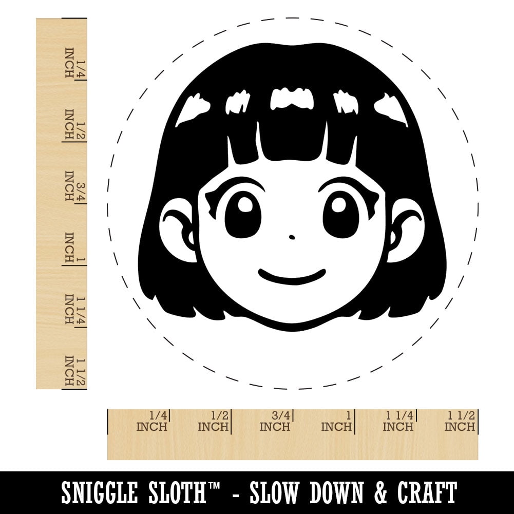 Anime Manga Girl Smile Cute Self-Inking Rubber Stamp for Stamping Ink Stamper Crafting Planners - 1-1/2 Inch Large - Red Ink