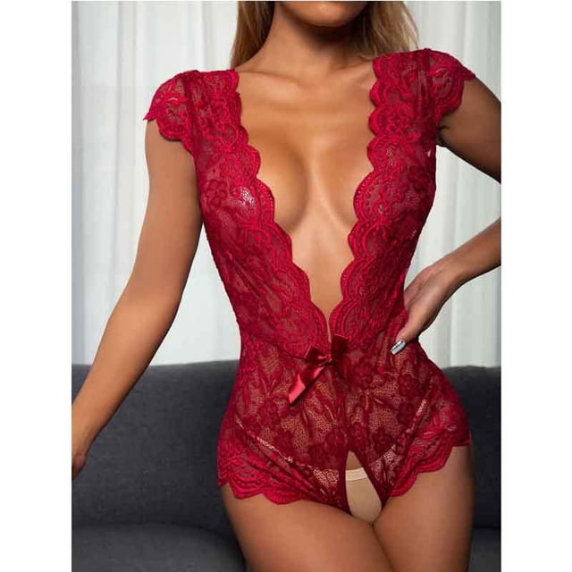 Lencería sexy sin espalda escote en V profundo encaje apasionado seducción ropa de dormir lencería sexy hueca