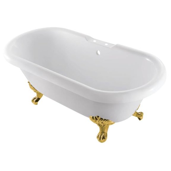 67 in. Acrylic Clawfoot Tub with 7 in. Faucet Drillings, White & Brushed Brass
