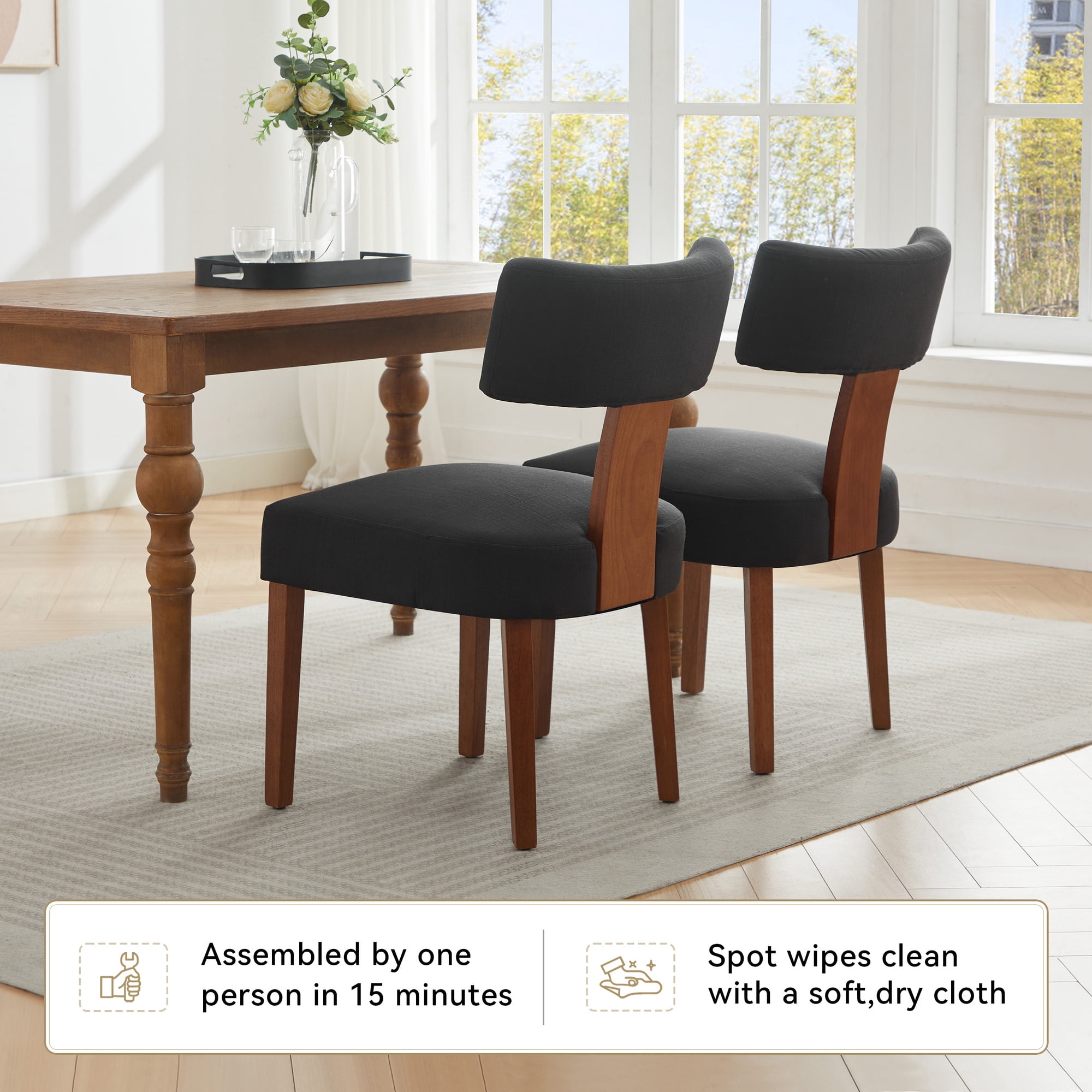 MOONMISS Modern Upholstered Dining Chairs Set of 2 With Curved backrest and Solid Wooden Legs,Black