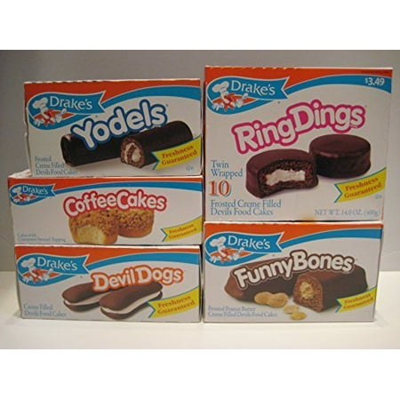 Drake's Cakes Bundle: Yodels 10 Ct, Coffee Cakes 10 Ct, Devil Dogs 8 Ct, Ring Dings 10 Ct, Funny Bones 10 Ct by