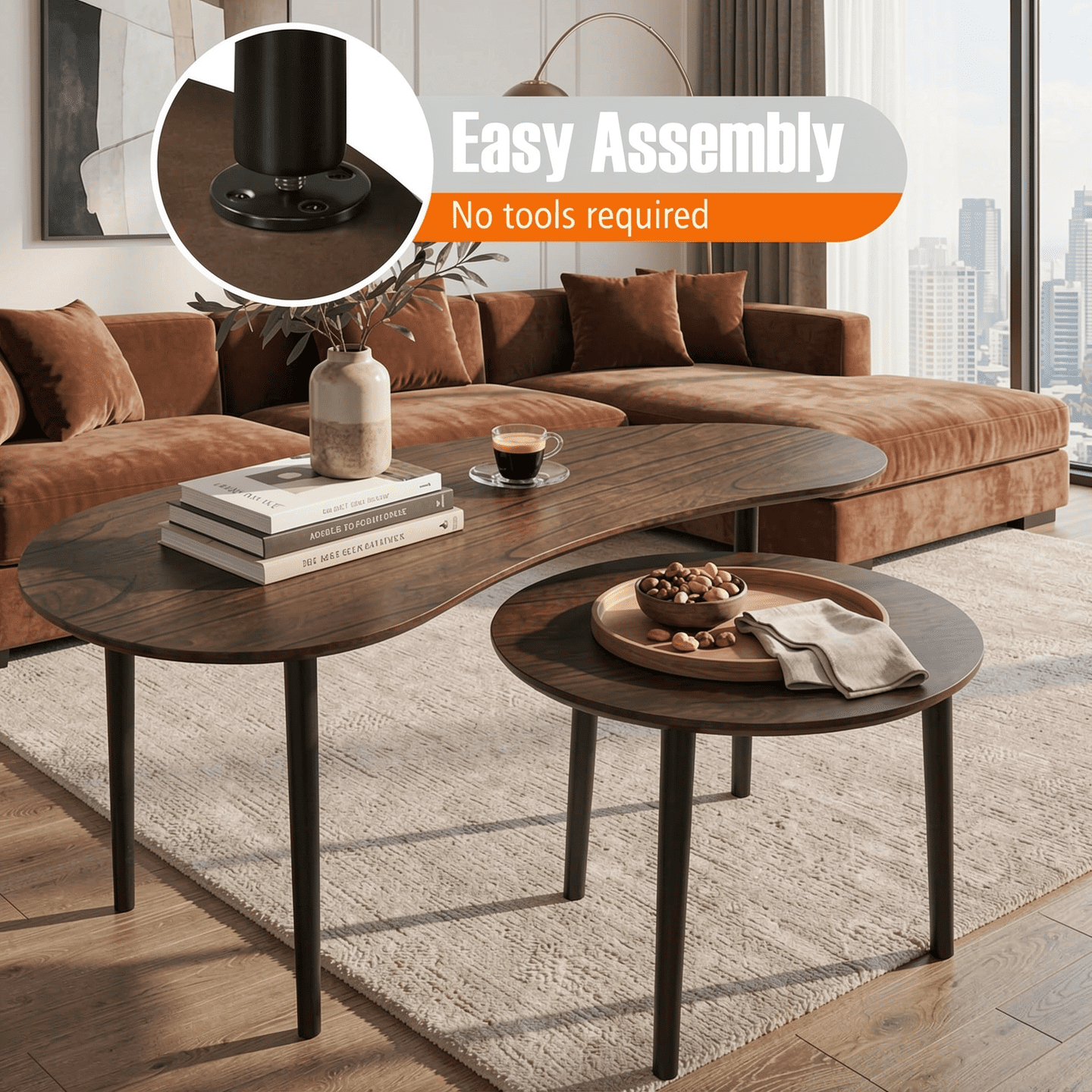 Furnibear 2 Pieces Mid Century Nesting Tables with Rubber Wood Legs - Brown - Living Room Center Table