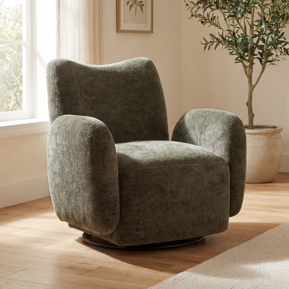 Noble House Gabryle 360° Swivel Accent Chair, Luxurious Chenille Upholstered Barrel Chair, Living Room, Olive Green
