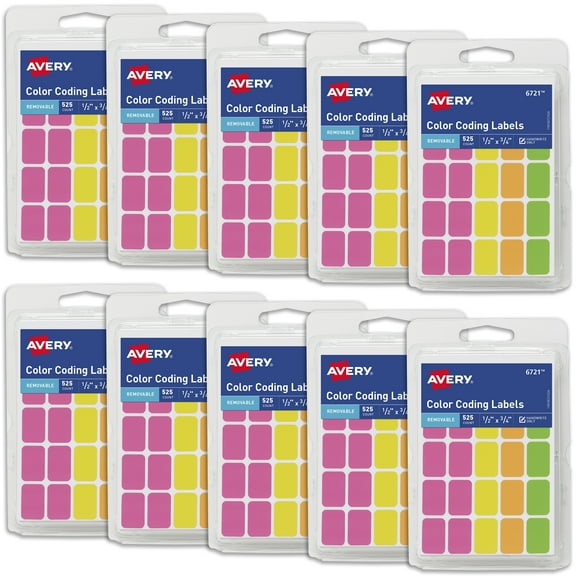 Avery Removable Color-Coding Stickers, 525 per Pack, 10 Pack Assorted Colors, 5,250 Total (06721)