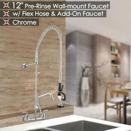 1 2 Faucet Aquaterior Commercial Wall Mount Kitchen Faucet Double Handle Brass Pre-Rinse Chromed w/ 12