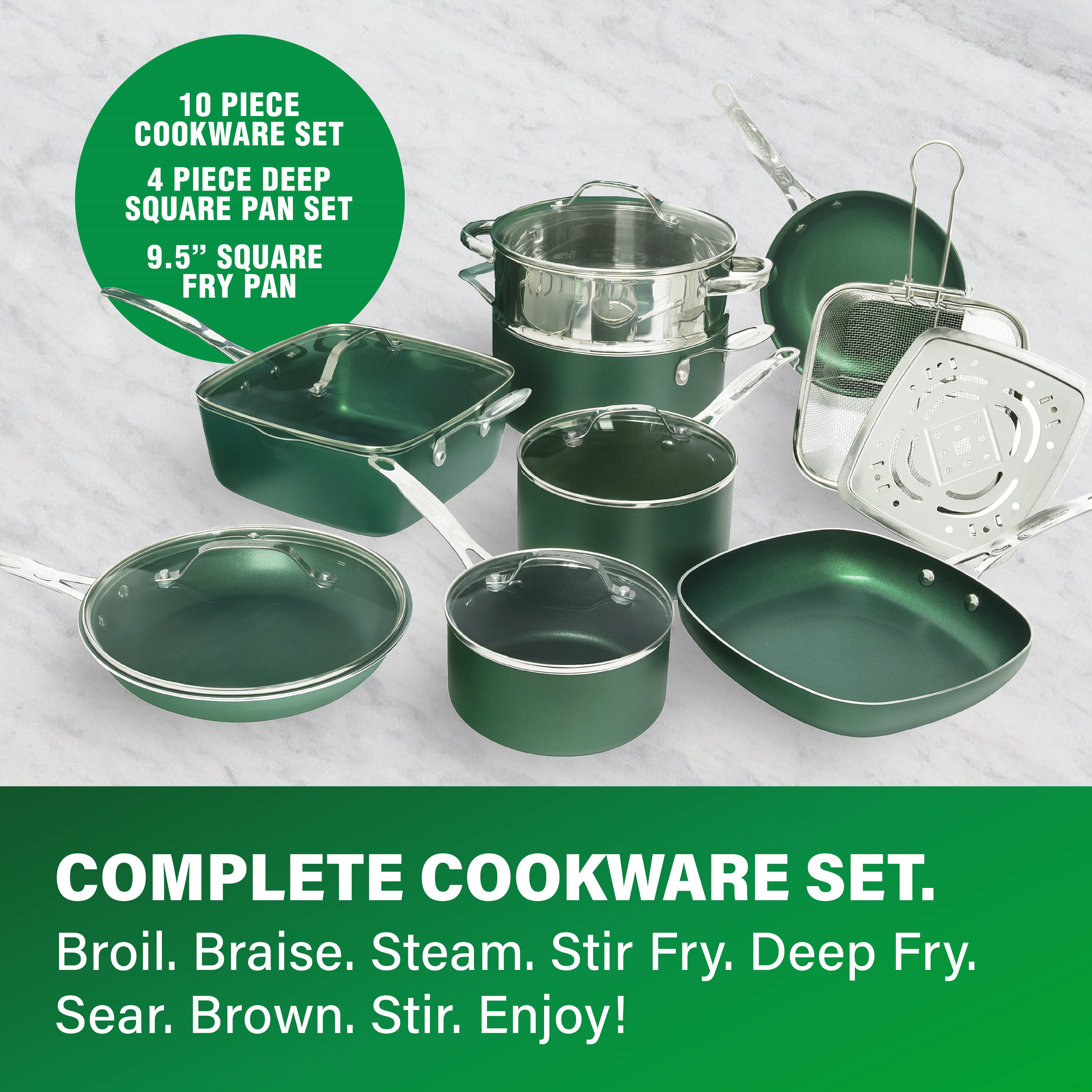 Bakken-Swiss 14-Piece Kitchen Cookware Set – Granite Non-Stick –  Eco-Friendly – for All Stoves & Oven-Safe - Marble coatin