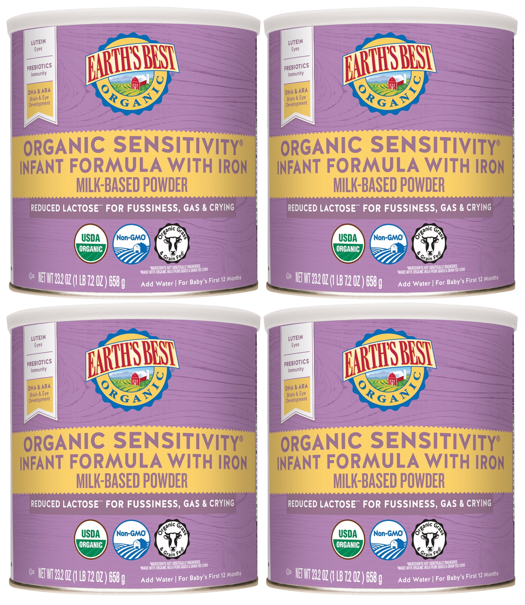 (4 pack) Earth's Best Organic Sensitivity Powder Baby Formula with Iron DHA & ARA, 32 oz Canister