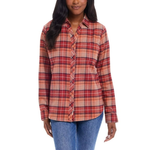 Weatherproof Vintage Women's Classic-Fit Long-Sleeve Lightweight Plaid Flannel Shirt (Orange, XL)