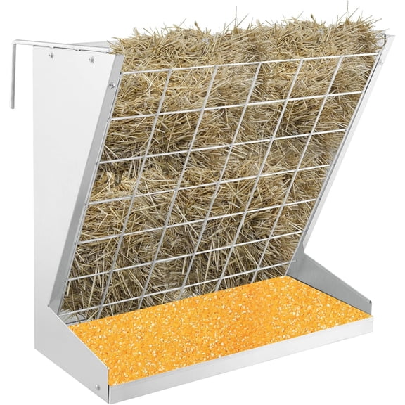 22 Gallon Hanging Hay Rack with Grain Feeder - 28'' Heavy Duty Galvanized Metal Livestock Feeder, 2 Adjustable Hooks, Wall Mount Hay Holder for Horse, Sheep, Goats Farm
