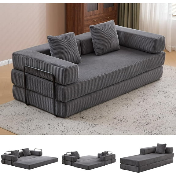 Convertible Sofa Bed, Folding Floor Sofa Boneless Couch with Pillow, Compression Sofas Corduroy Foldable Mattress Couch with Fixed-Shape Frame, Futon Lounge Sleeper for Living Room, Dark Grey