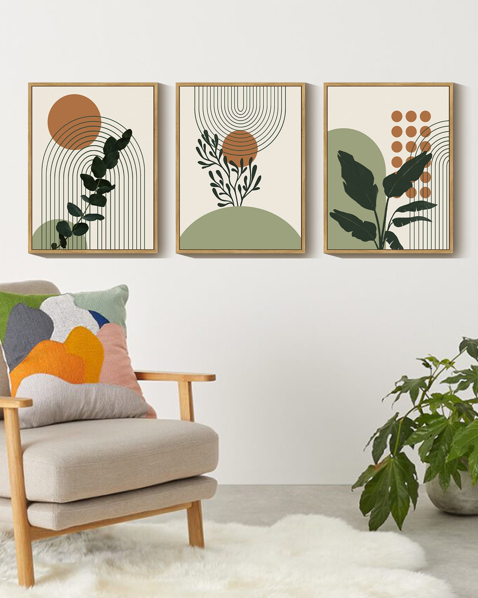 Boho Plant Wall Art 11x14in Natural Framed Green Botanical Bohemain Wall Printing Abstract Canvas Prints with Leaf & Sun Lines for Office Dining Room Hallway