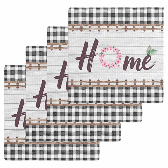 Spring Flowers Kitchen Dish Towels for Drying Dishes Set of 4, Farmhouse Watercolor Black Plaid Wood Grain Waffle Weave Microfiber Hand Tea Bathroom Towels Quick Dry & Absorbent Towel 12x12
