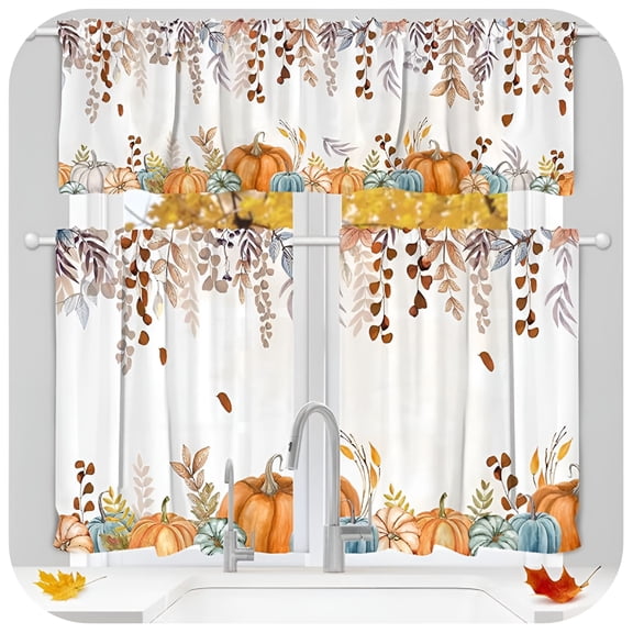 AUQ Fall Kitchen Curtains,Fall Window Decorations Kitchen Curtains Valance Set of 3 Rod Pocket Window Tiers,Fall Kitchen Decor Leaf Pumpkin Curtains for Living Room Decorations for Home 54x36in