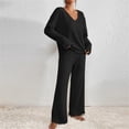 thumbnail image 4 of Soft Ribbed Fall Loungewear Outfit Women's Long Sleeve V-Neck Top & Relaxed Wide Leg Pants, 4 of 9