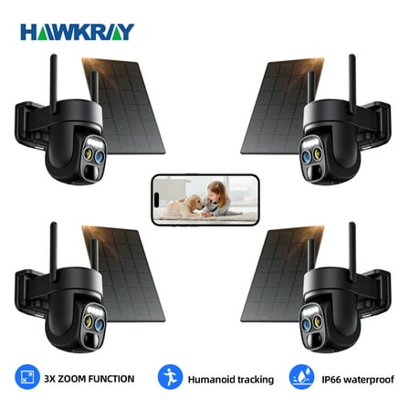 4pcs Hawkray solar security camera - 2k360 black  wireless outdoor WiFi camera, 10x zoom, with human detection function, spotlight, SD card or cloud storage.