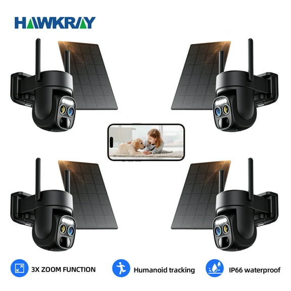 4pcs Hawkray solar security camera - 2k360 black  wireless outdoor WiFi camera, 10x zoom, with human detection function, spotlight, SD card or cloud storage.