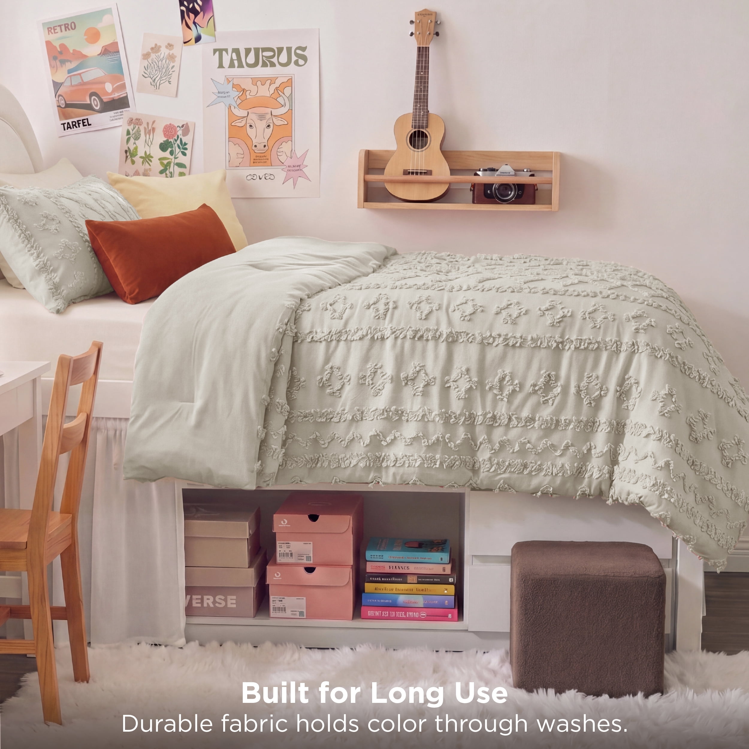 U by Bedsure Tufted Boho Twin XL Comforter Set, 2 Pieces Farmhouse Shabby Chic Embroidery Bedding Set, Soft Jacquard Linen Comforter for All Seasons, Twin, Natural