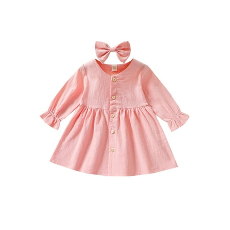 

Kids Casual 2Pcs Outfit Solid Color Long Sleeves Single-Breasted Dress+Bow Hair Clip