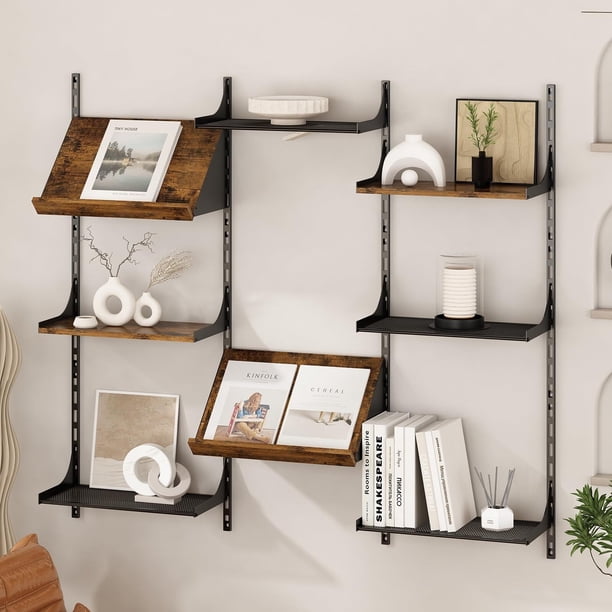 Repisas Flotantes Ajustables 8 Piezas, Estantes Flotantes de Pared, Librero de Pared Industrial con Soportes Metálicos, Estante de Exhibición Rústico para Sala, Recamara, Cocina, Oficina