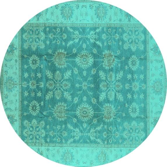 Ahgly Company Machine Washable Indoor Round Oriental Turquoise Blue Traditional Area Rugs, 4' Round
