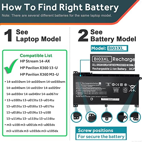 BI03XL Battery for HP Pavilion X360 M3-U 13-U M3-U001DX M3-U103DX 13-U100TU 13-U100TU 13-U118TU Stream 14-AX 14-ax010nr 14-ax020wm 14-ax030wm TPN-W118 Laptop ON03XL HSTNN-LB7P HSTN